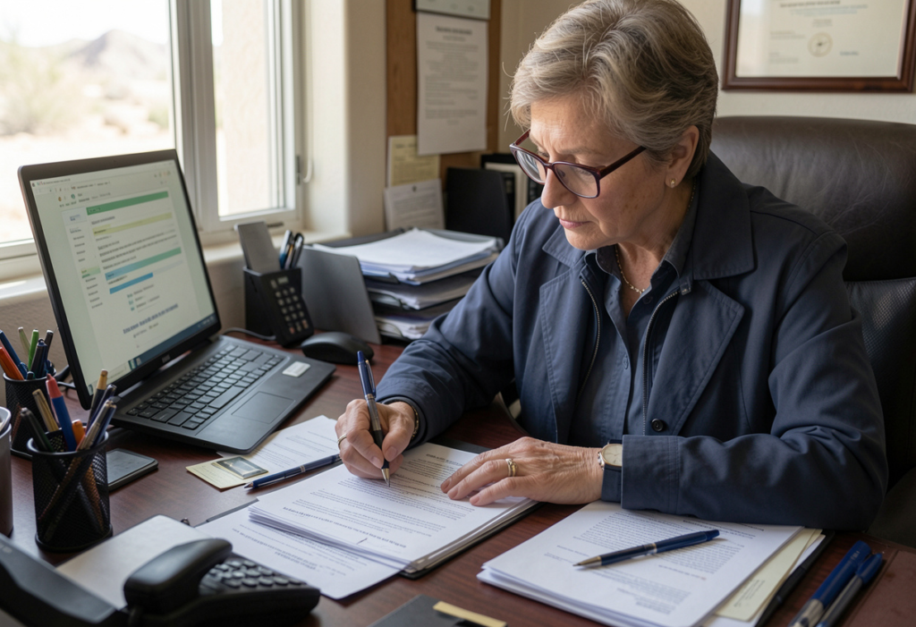 Woman preparing legal documents for small claims court in Nevada