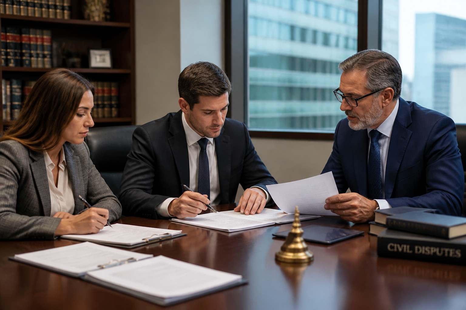 Individuals reviewing legal documents during a Nevada civil lawsuit dispute.