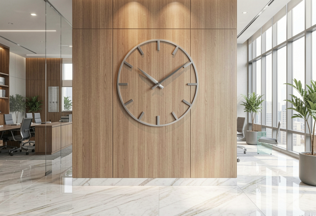 A modern clock in a contemporary law office