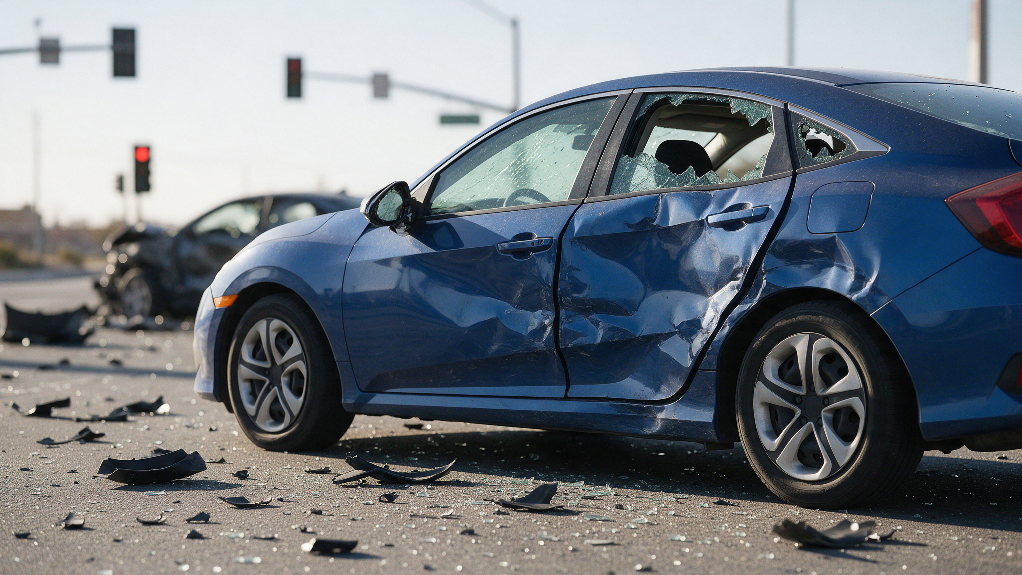 Vehicle damage and debris after a car accident in Nevada