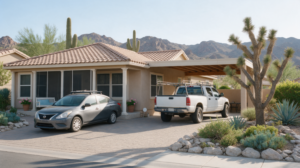 Home and vehicles representing assets and debt in a Nevada divorce
