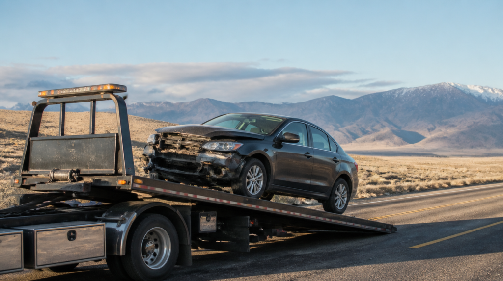 Damaged vehicle being towed after a Nevada car accident
